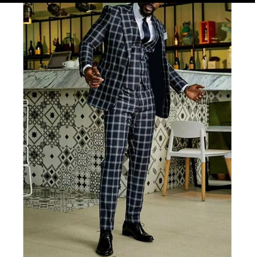 (Free Shipping)Men's 2 Piece Plaid Blazer Digital Print Suit Jacket with Zipper Fly Business Style