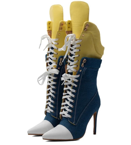 (Free Shipping) Sports Style Women's Jean Stiletto High- Heel Boots Lace Up Blue Yellow Patchwork Denim
