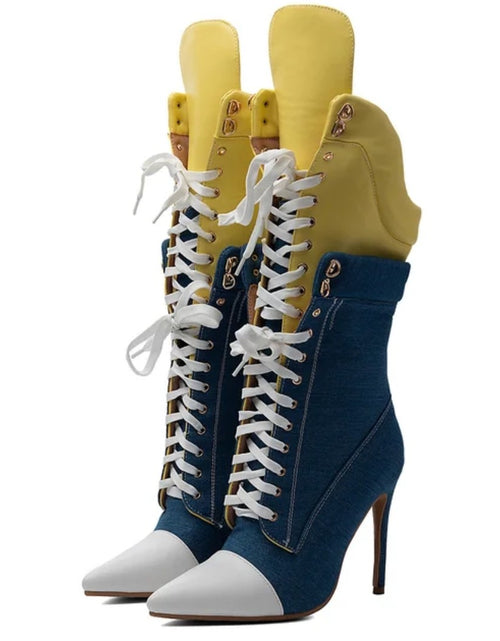 Load image into Gallery viewer, (Free Shipping) Sports Style Women's Jean Stiletto High- Heel Boots Lace Up Blue Yellow Patchwork Denim
