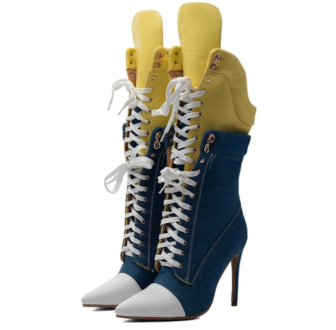 (Free Shipping) Sports Style Women's Jean Stiletto High- Heel Boots Lace Up Blue Yellow Patchwork Denim