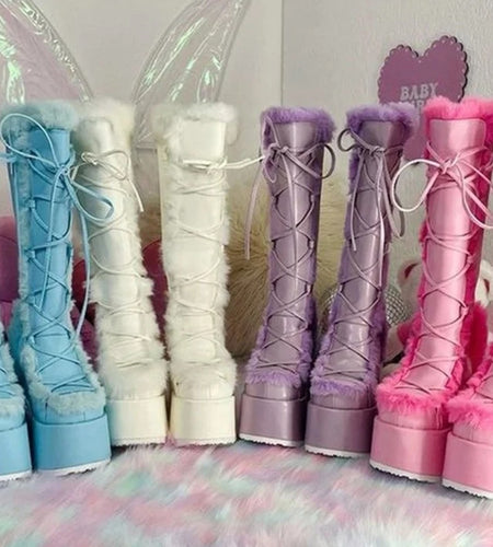 (Free Shipping) Women's Western Thick Chunky Heels Long Lace Up Furry Round Toe Platform Knee High Boots