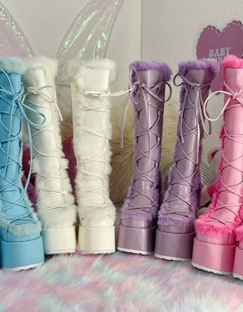 Load image into Gallery viewer, (Free Shipping) Women's Western Thick Chunky Heels Long Lace Up Furry Round Toe Platform Knee High Boots
