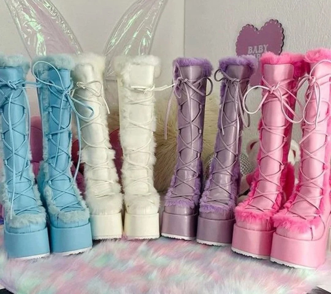 (Free Shipping) Women's Western Thick Chunky Heels Long Lace Up Furry Round Toe Platform Knee High Boots