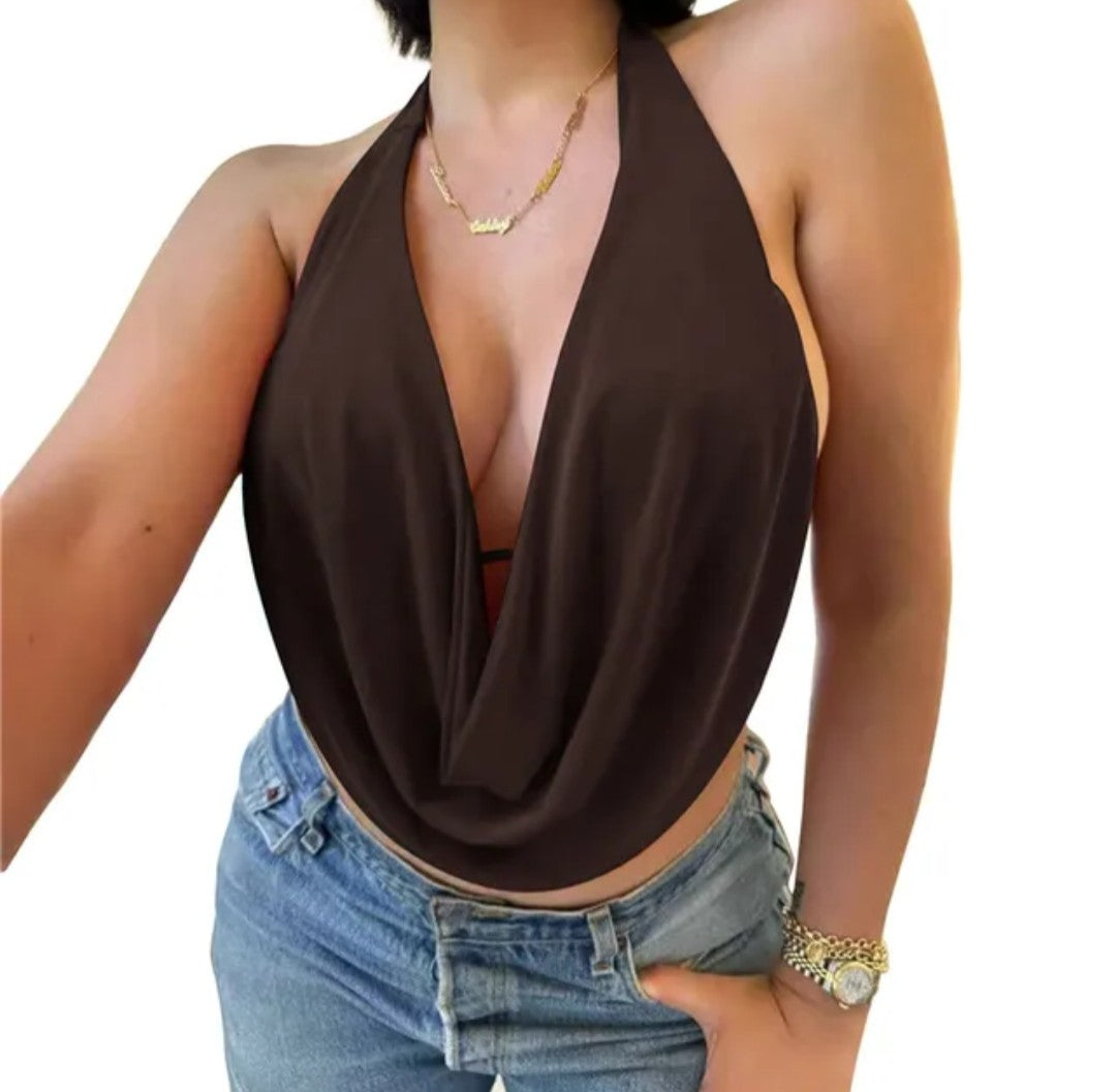 (Free Shipping)(Tariffs included in price) Women's Summer Halterneck Casual Front Draped Bandage Backless  Crop Tops