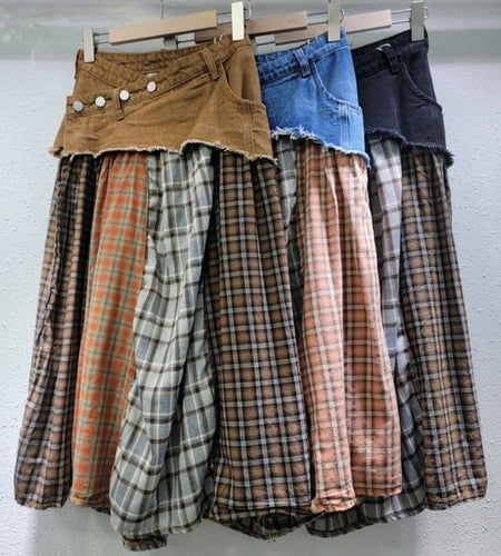 (Free Shipping)(Tariffs included in price) Irregular High Waist Casual Jean Plaid Skirt Women Long Denim Skirt