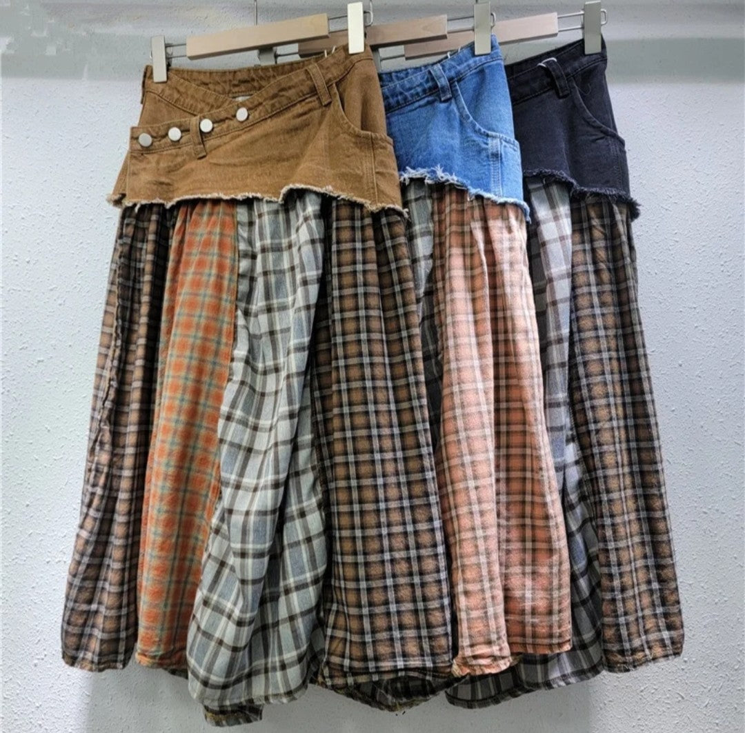 (Free Shipping)(Tariffs included in price) Irregular High Waist Casual Jean Plaid Skirt Women Long Denim Skirt