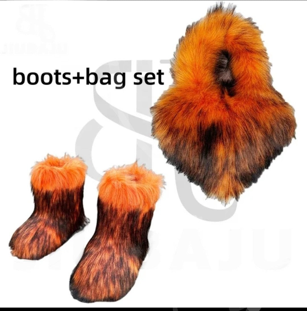 (Free Shipping)(Tariffs included in price) Girls Fluffy Faux Fox Fur Boots Winter Woman Plush Warm Snow Bootas Luxury Footwear Furry Fur Boots