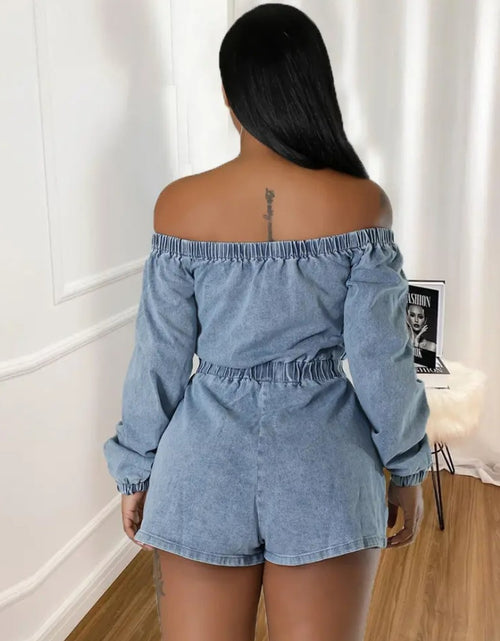 Load image into Gallery viewer, (Free Shipping)(Tariffs included in price) Wholesale popular trendy fall women clothes denim jeans off shoulder shorts jumpsuit
