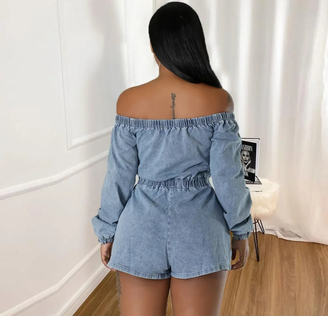 (Free Shipping)(Tariffs included in price) Wholesale popular trendy fall women clothes denim jeans off shoulder shorts jumpsuit