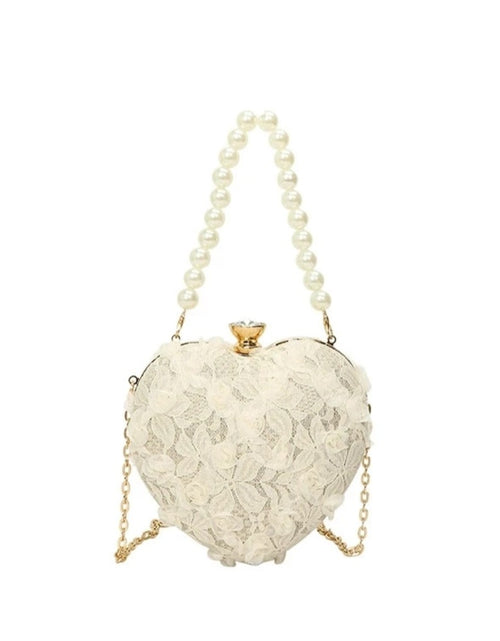 Load image into Gallery viewer, (Free Shipping)(Tariffs included in price) Luxury Lace Flower Heart Shape Pearl Handle Clutch Purse Diamond Evening Wedding Party Shoulder Bag Handle Rose Floral Handbags
