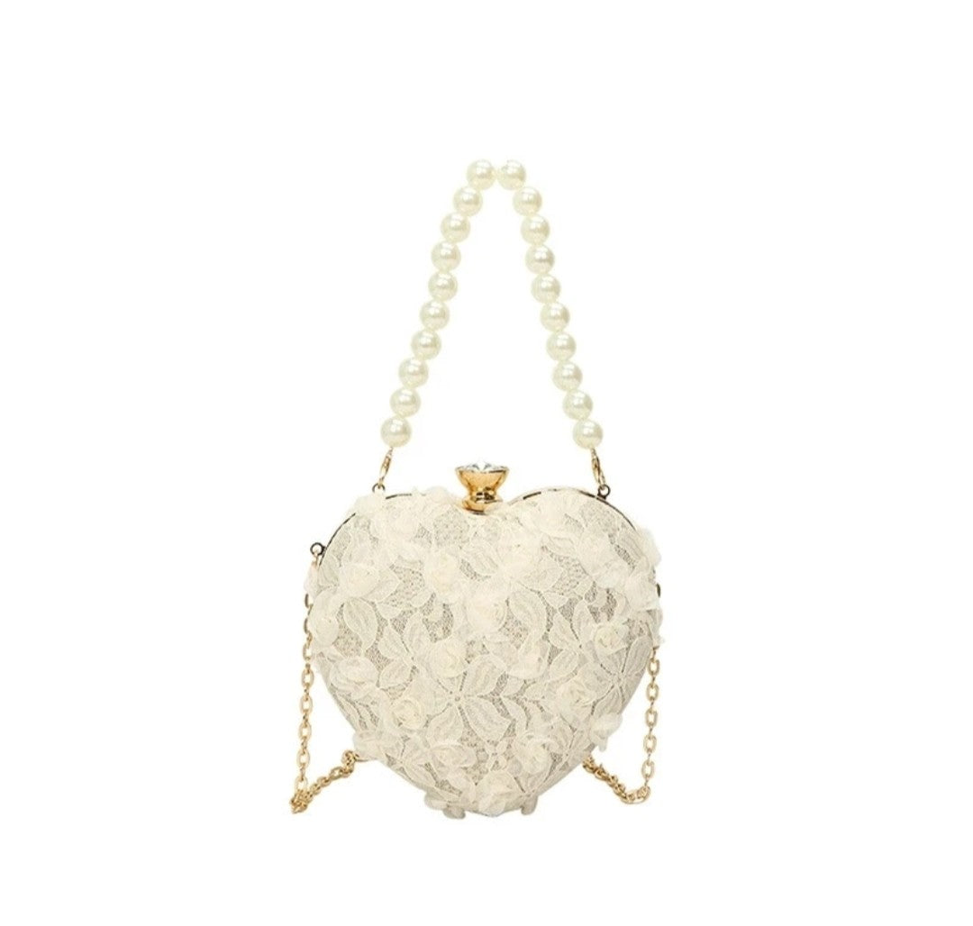 (Free Shipping)(Tariffs included in price) Luxury Lace Flower Heart Shape Pearl Handle Clutch Purse Diamond Evening Wedding Party Shoulder Bag Handle Rose Floral Handbags