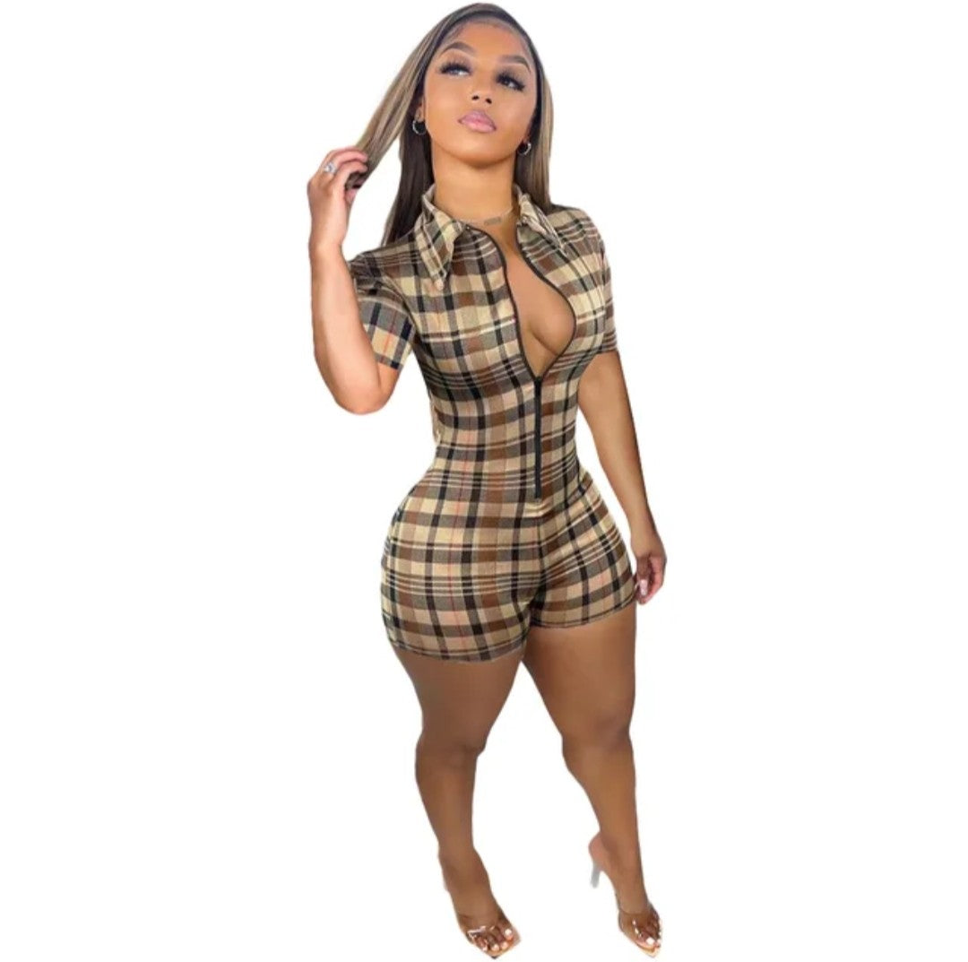(Free Shipping)(Tariffs included in price) Summer plaid pattern short jumper set short sleeve Romper for women