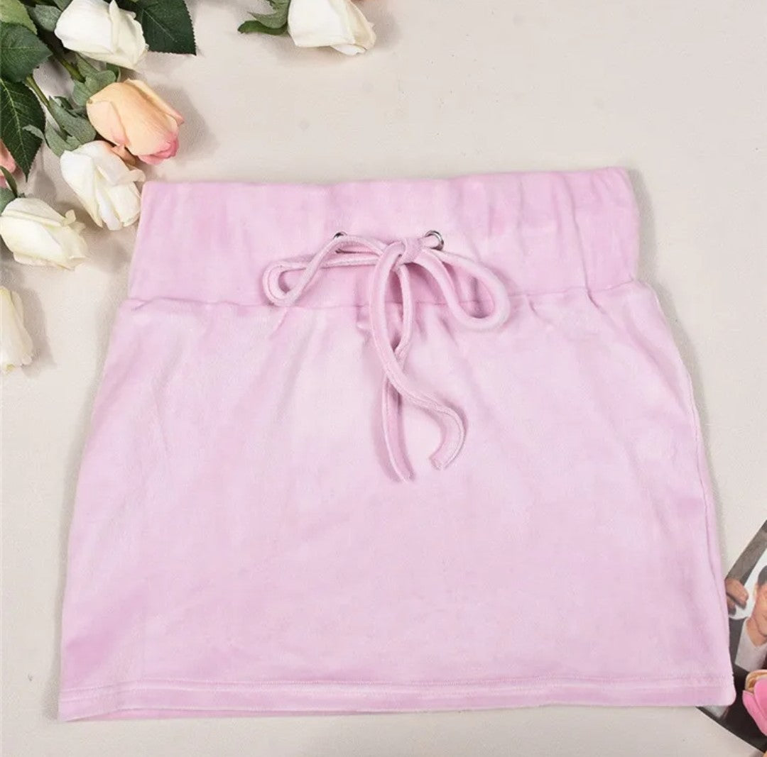 (Free Shipping)(Tariffs included in price) Velvet Pink Hooded Crop Jacket + Mini Skirt 2 Piece Set