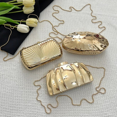 (Free Shipping)(Tariffs included in price) Designer Acrylic Square/Oval Shape Clutch Bag Gold Women Evening Party Bag Shiny Metal Shoulder Crossbody Bags Small Purse