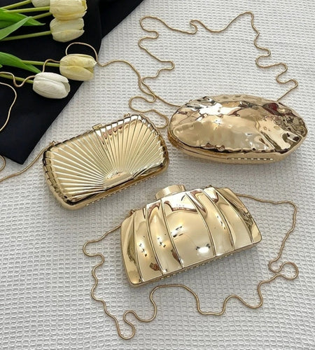 (Free Shipping)(Tariffs included in price) Designer Acrylic Square/Oval Shape Clutch Bag Gold Women Evening Party Bag Shiny Metal Shoulder Crossbody Bags Small Purse