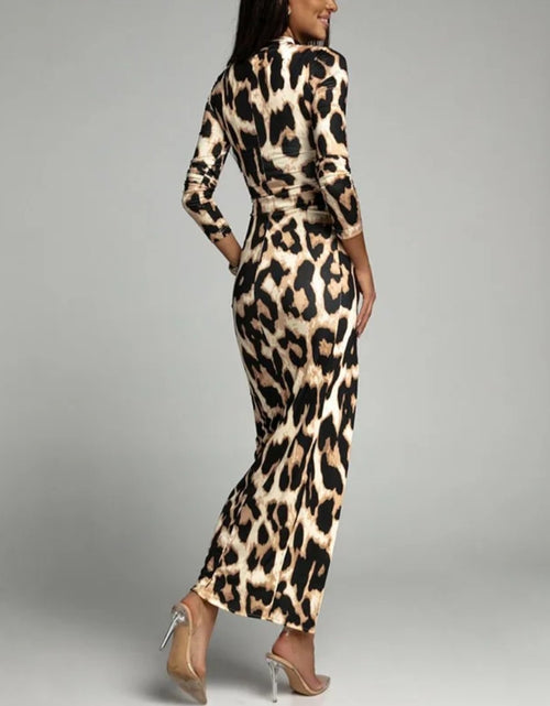 Load image into Gallery viewer, Women's Long Leopard Striped Split Animal Print Turtleneck Long Sleeve Slim Fit Dress
