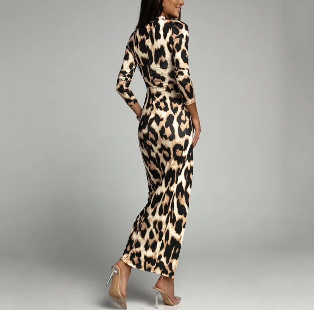 Women's Long Leopard Striped Split Animal Print Turtleneck Long Sleeve Slim Fit Dress