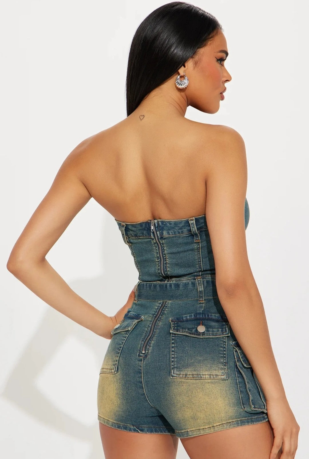 (Free Shipping)(Tariffs included in price) Retro Fashion Denim Bodycon Jumpsuit Women Sleeveless Backless Elasticity Washed Romper Female Overalls