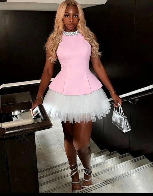 Load image into Gallery viewer, Women's Two Pieces Set Sleeveless Pearls Tank Top and Mini Skirt Set Plus Size Party Set S-2XL
