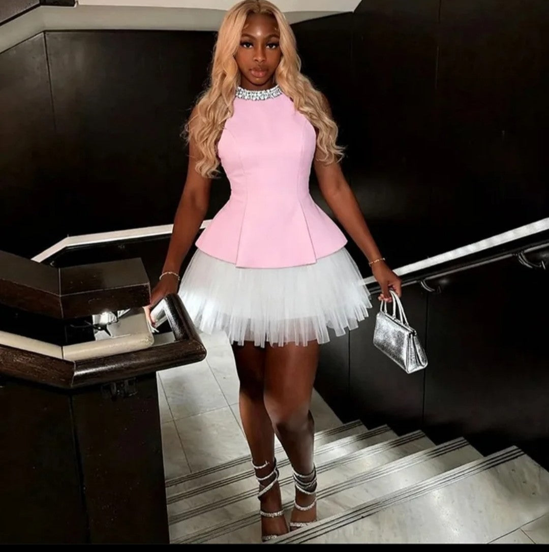 Women's Two Pieces Set Sleeveless Pearls Tank Top and Mini Skirt Set Plus Size Party Set S-2XL