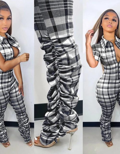 Load image into Gallery viewer, (Free Shipping)(Tariff included in price) Summer jumpsuit for women trendy plaid pattern high waistline, skinny fit, and zipper detail.
