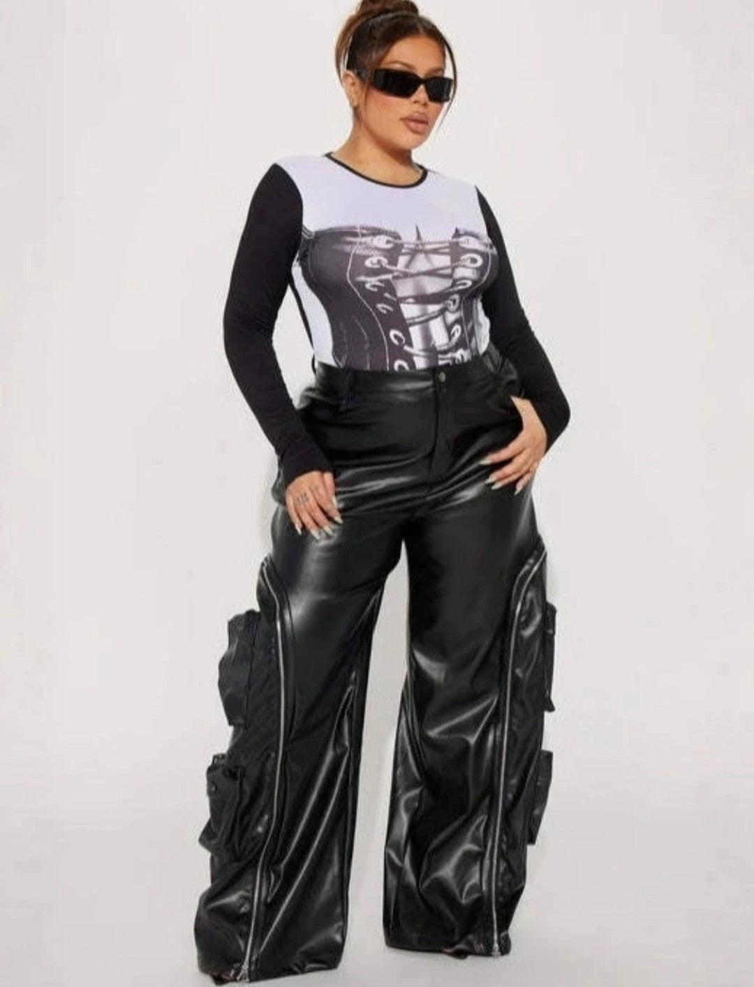 (Free Shipping)(Tariffs included in price)Solid Loose Zipper Detachable Pockets Pant for Women High Waist Pu Leather Trousers