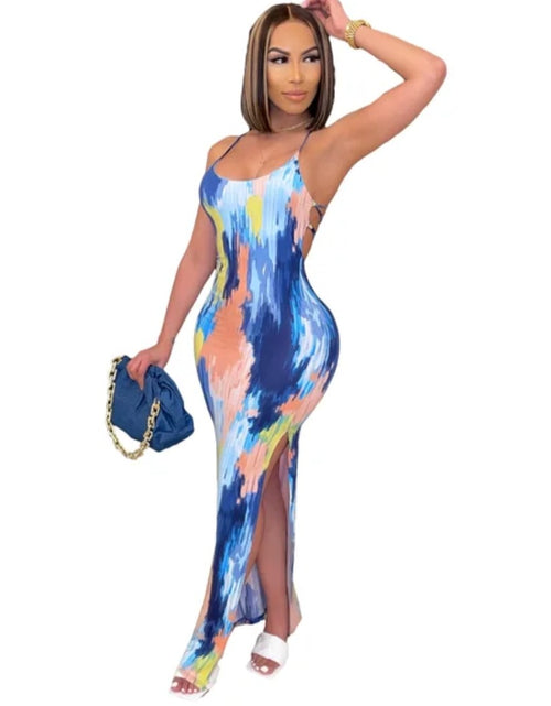 Load image into Gallery viewer, (Tariffs included in price) Summer dress features a color-blocking tie-dye print, crafted from eco-friendly and anti-wrinkle spandex material with a sleeveless silhouette and straight hem.
