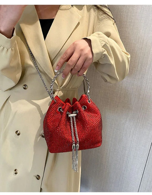 Load image into Gallery viewer, (Free Shipping)(Tariffs included in price) Women's Rhinestone Bucket Handbag With Zipper Enclosure Circular Metal Handle With Cross Body Chain
