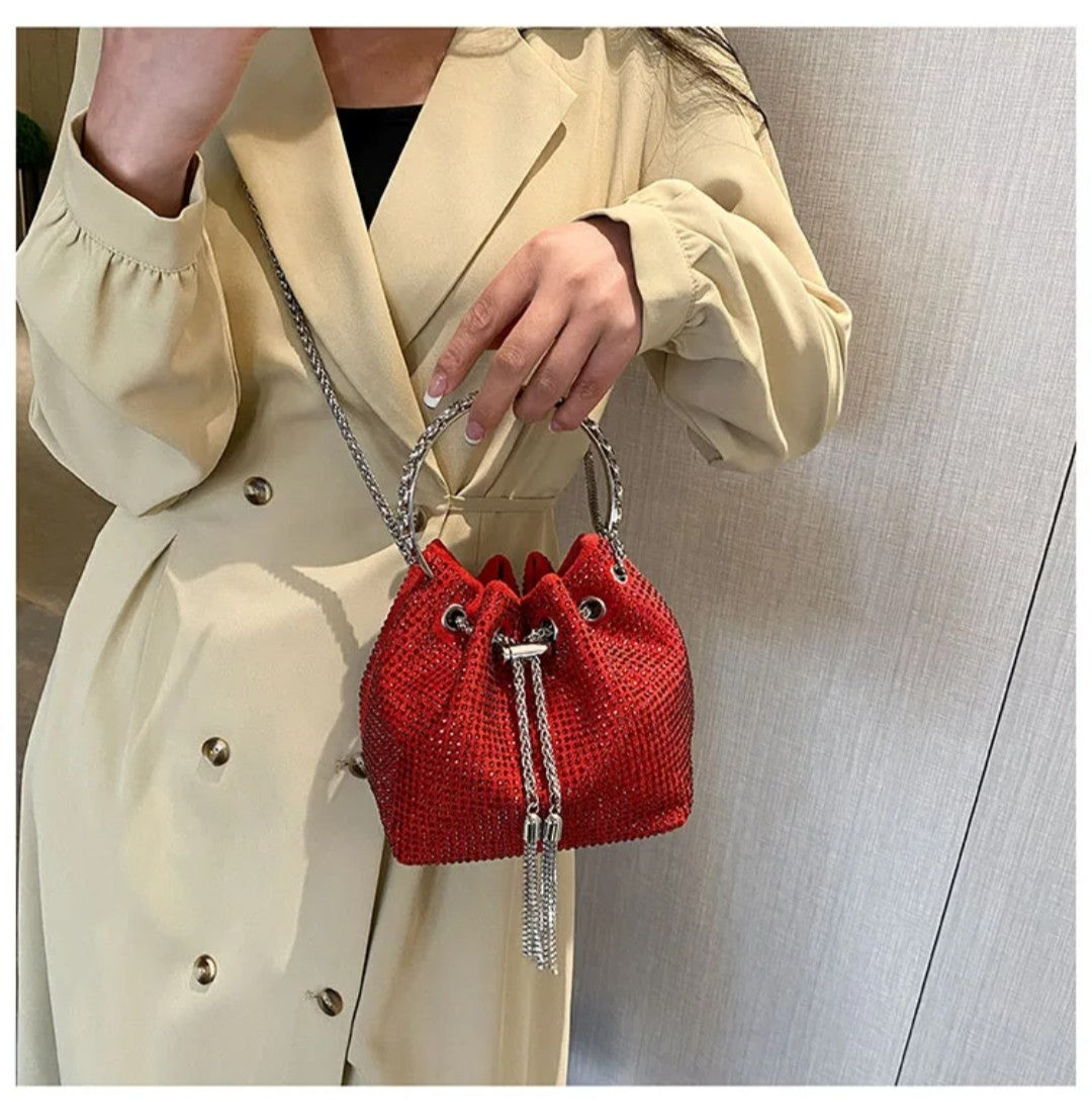 (Free Shipping)(Tariffs included in price) Women's Rhinestone Bucket Handbag With Zipper Enclosure Circular Metal Handle With Cross Body Chain