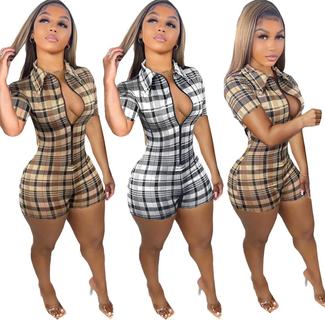 (Free Shipping)(Tariffs included in price) Summer plaid pattern short jumper set short sleeve Romper for women