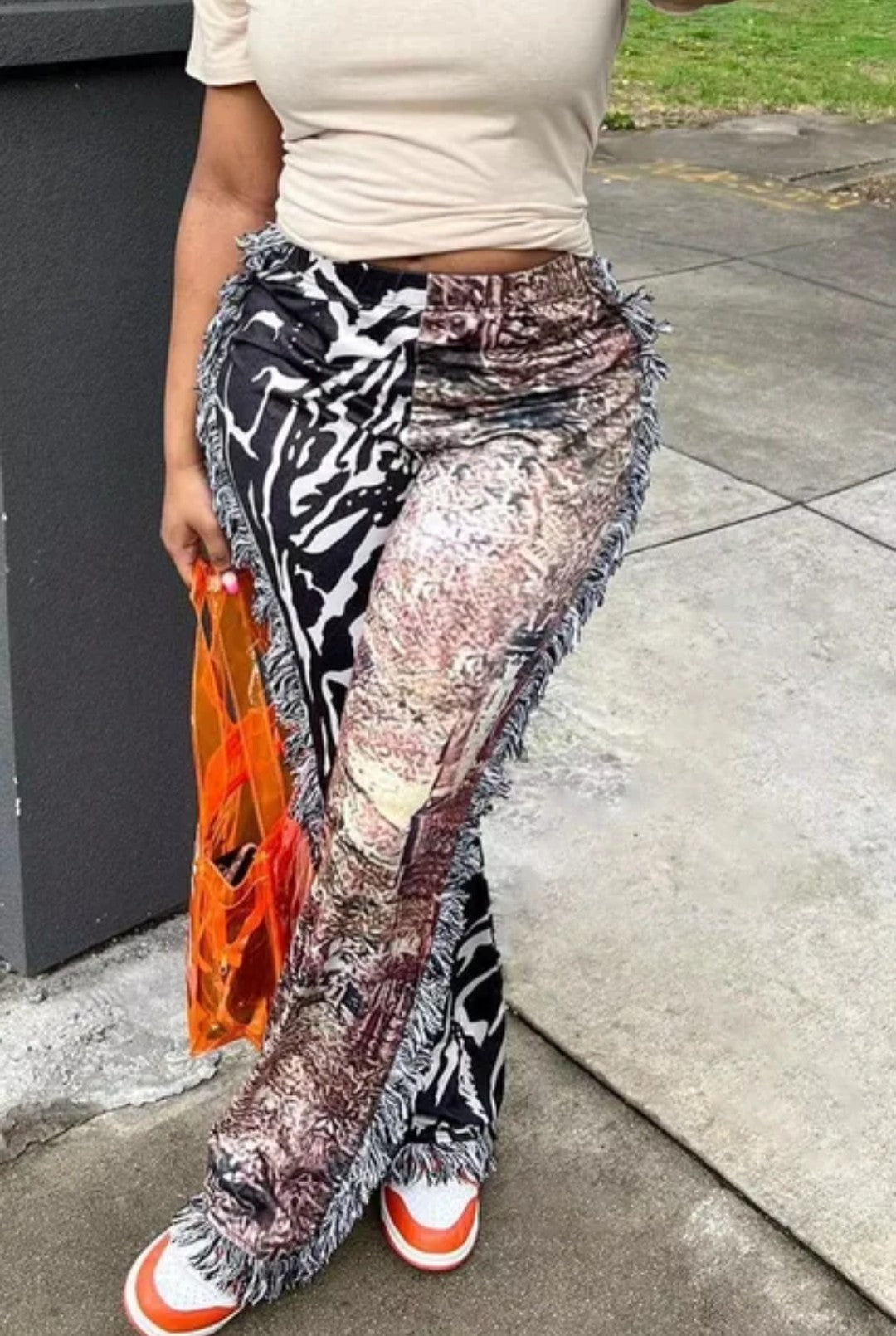 (Free Shipping)(Tariffs included in price) Hot Tassel Print Pants For  Women High Waist Skinny Straight Pants Casual Vintage Long Trousers