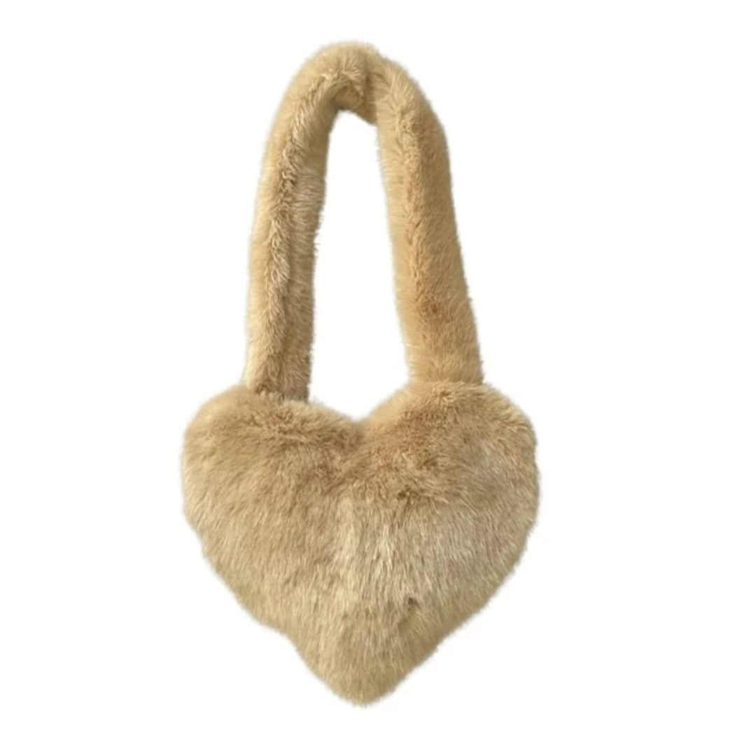 (Free Shipping)(Tariffs included in price) Fuax Fur Feather Love Heart Shaped Underarm Bag Ladies Trendy Long Tassel Plush Shoulder Bag Large Capacity Tote Handbag