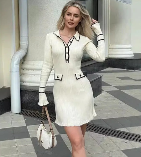 (Free Shipping)(Tariffs included in price) Vintage-style Mini Dress V-neck, Empire waistline, and long flare sleeves, slim fit and pencil silhouette, elegant look, beading decoration