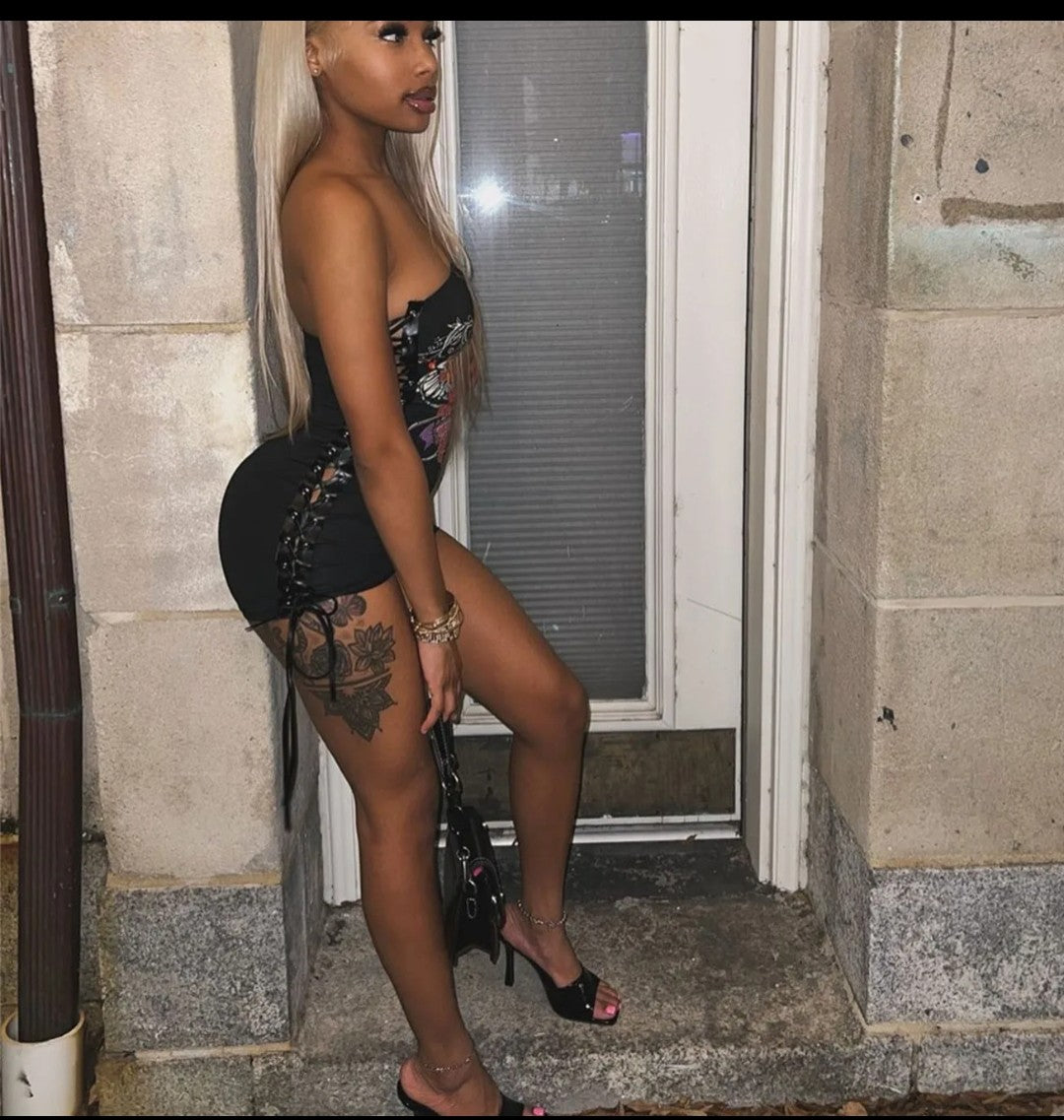 (Free Shipping)(Tariffs included in price) Summer Fashion Y2K Short Dress Retro Designer Printed Tight Lace Up Sexy Party Dress for Women