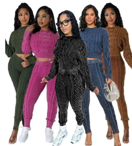 (Free Shipping)(Tariffs included in price) Autumn Hot Selling O-neck Retro Style Women Cotton Tracksuit Elastic Pullover Rhombus Two Piece Sweater Sets