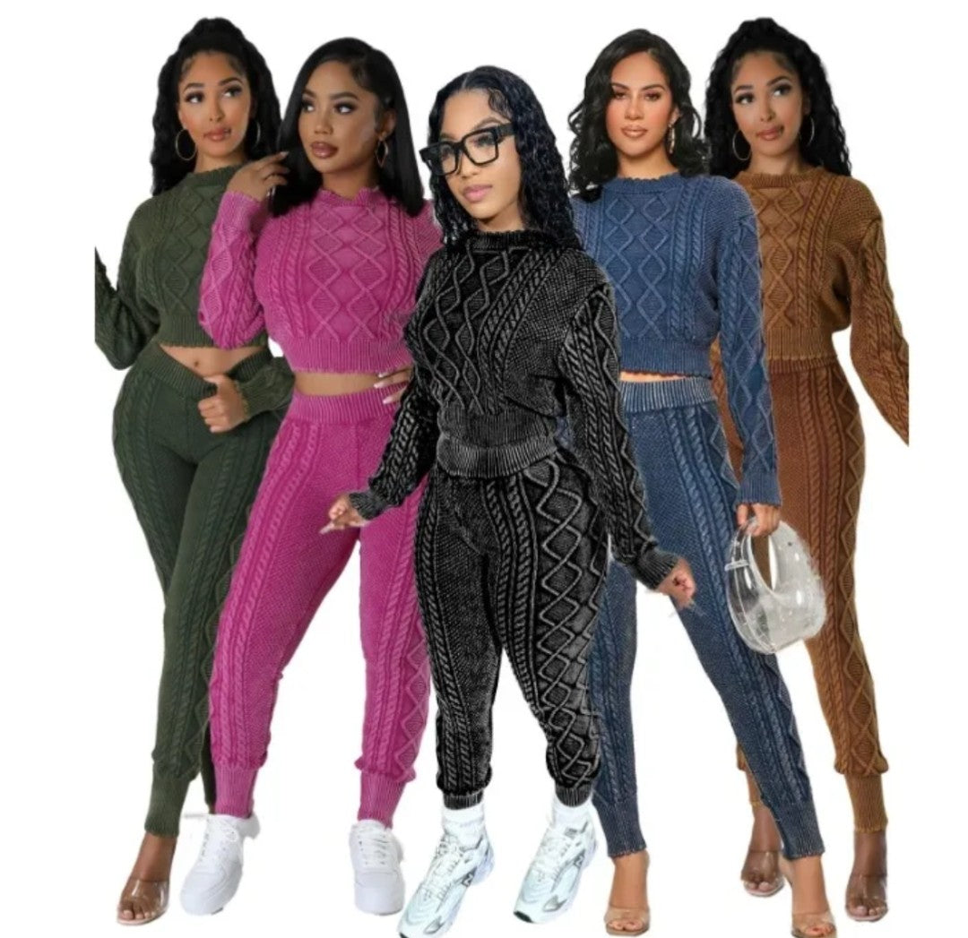 (Free Shipping)(Tariffs included in price) Autumn Hot Selling O-neck Retro Style Women Cotton Tracksuit Elastic Pullover Rhombus Two Piece Sweater Sets