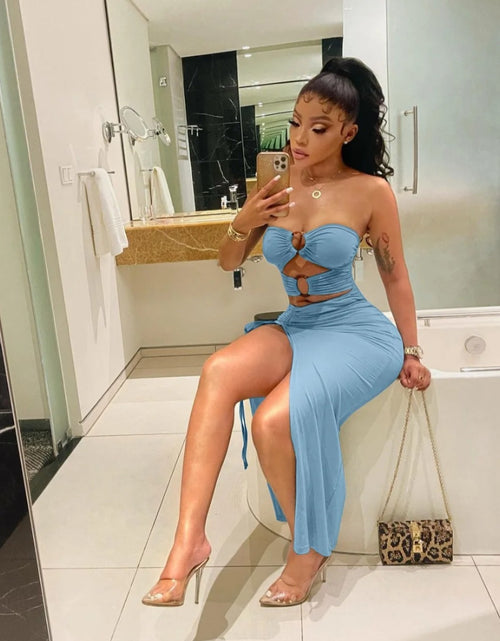 Load image into Gallery viewer, (Free Shipping)(Tariffs included in price) Women Dress Buckles with umbilical hollowed out bifurcate and pleated sexy dress cut-out at the waist and a high slit
