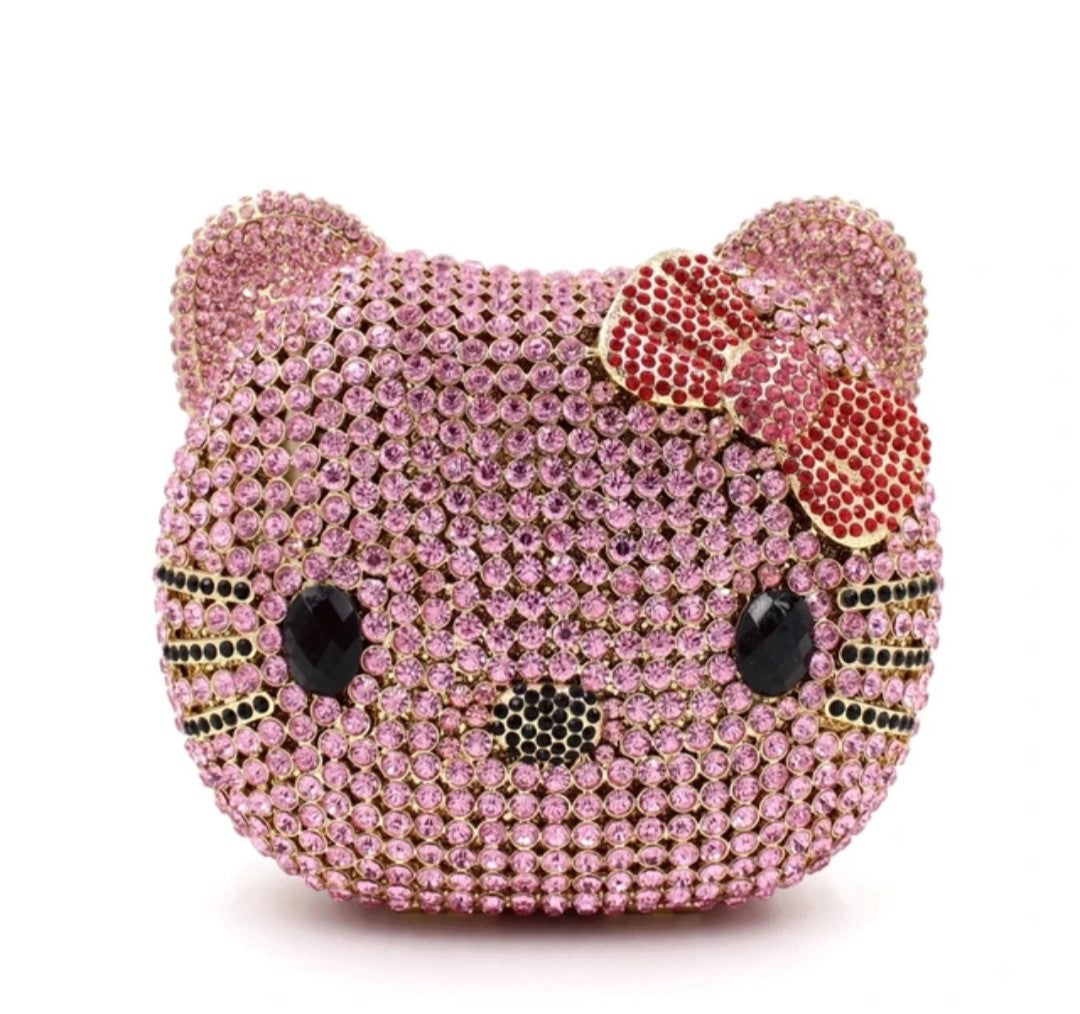 (Free Shipping)(Tariffs included in price) Kitty Head Anime Diamond Evening Clutch Rhinestone Bags New Gorgeous Unique Metallic Rhinestone Purses Wedding Clutches