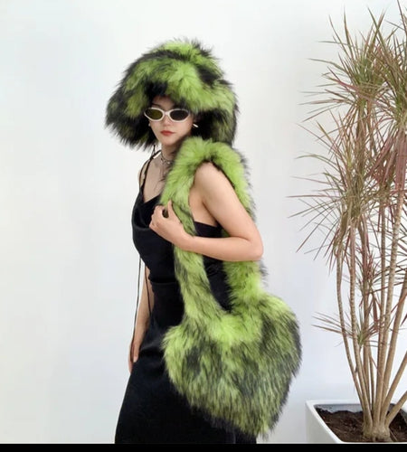 (Free Shipping)(Tariffs included in price)Designer Women's Luxury Furry Racoon Handbag Faux Fur Hat and Bag