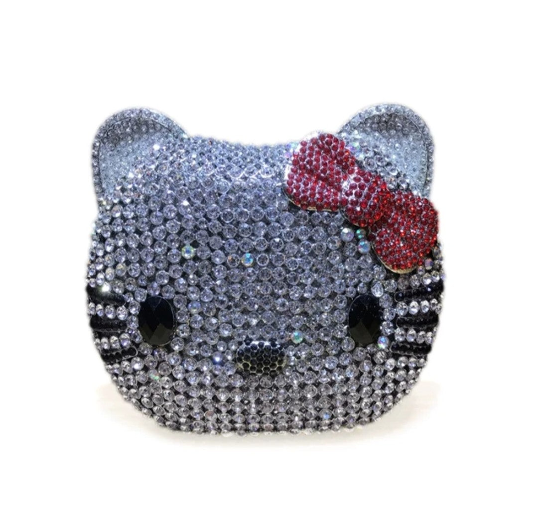 (Free Shipping)(Tariffs included in price) Kitty Head Anime Diamond Evening Clutch Rhinestone Bags New Gorgeous Unique Metallic Rhinestone Purses Wedding Clutches