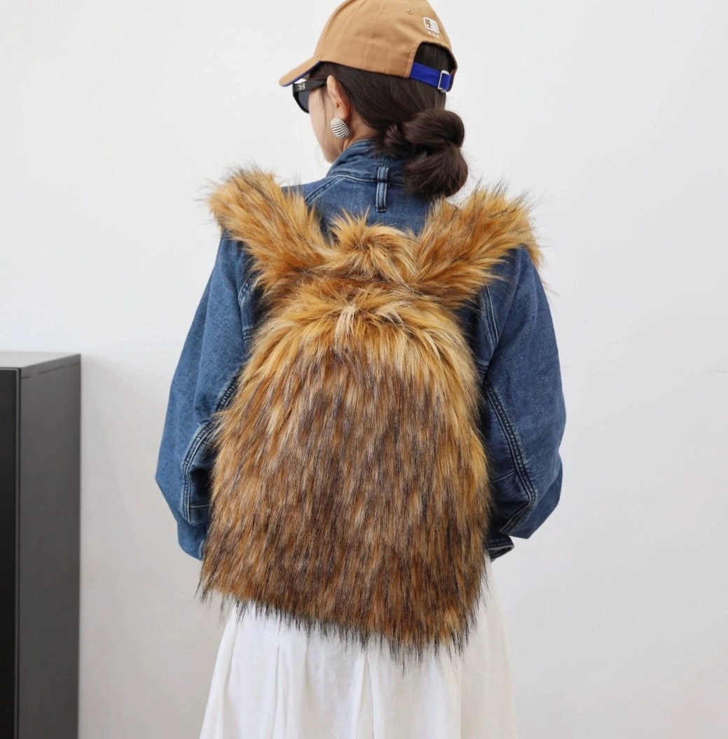 (Free Shipping) Furry Faux Fur Women's Luxury Designer Backpack Handbag Purses Women's Gradient Shoulder Bag Women's Rucksack