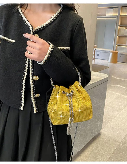 Load image into Gallery viewer, (Free Shipping)(Tariffs included in price) Women's Rhinestone Bucket Handbag With Zipper Enclosure Circular Metal Handle With Cross Body Chain
