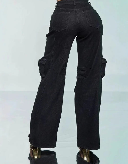 Load image into Gallery viewer, (Free Shipping)(Tariffs included in price) Ladies Wide Leg High Waist Washed Spliced Butterfly Bow Jeans
