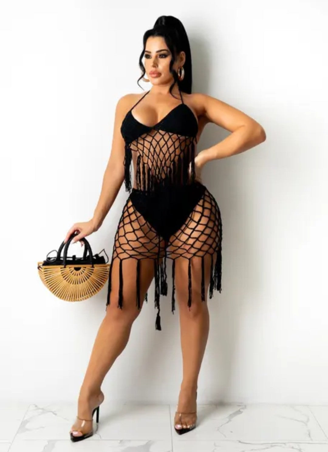 (Free Shipping)(Tariffs included in price) Crochet 2 piece Bikini Set Beach Swimwear Women's Tassel Solid Color Swimsuit