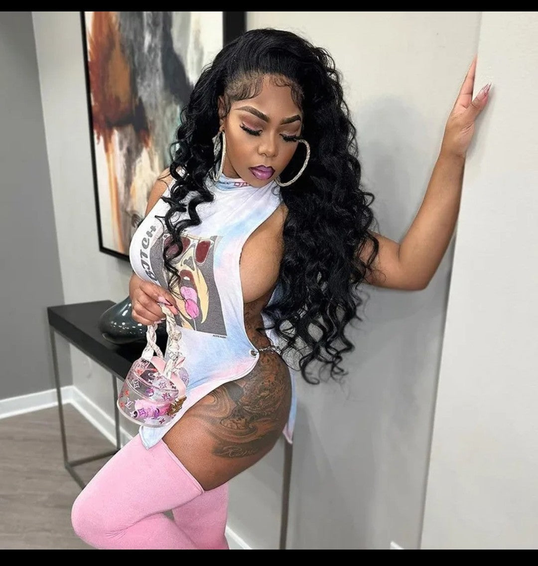 (Free Shipping)(Tariffs included in price) HigH Neck Letter Print Sexy Hollow Sleeveless Tank Dress Spicy Girl Loose T-shirt For Women