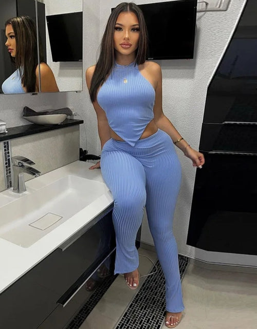 Load image into Gallery viewer, (Free Shipping)(Tariffs included in price) Summer new casual suit solid color hanging neck top trousers casual suit woven puff printed o- neck collar
