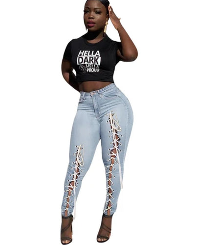 (Free Shipping)(Tariffs included in price) High waist plus size woman jeans eyelet bandage fashion tiny leg women skinny jeans