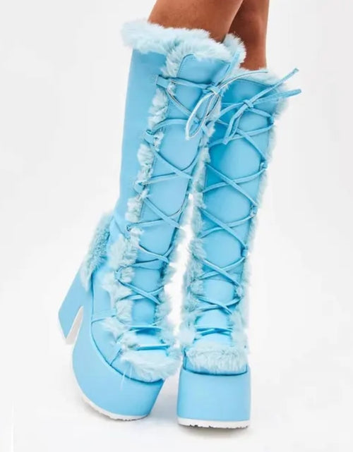 Load image into Gallery viewer, (Free Shipping) Women's Western Thick Chunky Heels Long Lace Up Furry Round Toe Platform Knee High Boots
