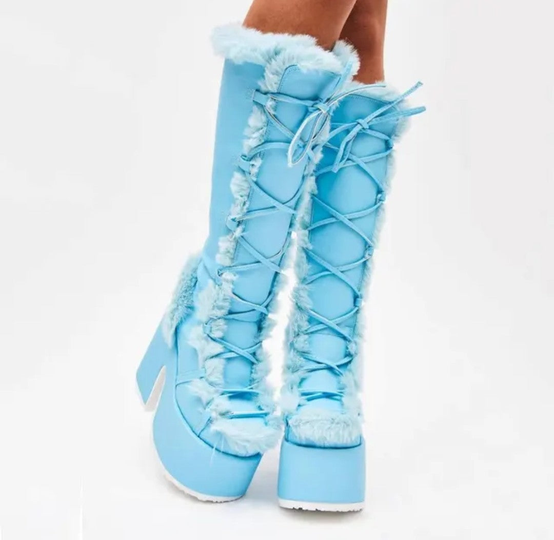 (Free Shipping) Women's Western Thick Chunky Heels Long Lace Up Furry Round Toe Platform Knee High Boots