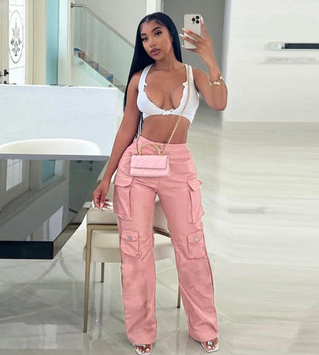 (Free Shipping)(Tariffs included in price) Women's cargo pants and trouser pu leather sweatpants track ladies joggers long pants fall winter with pockets